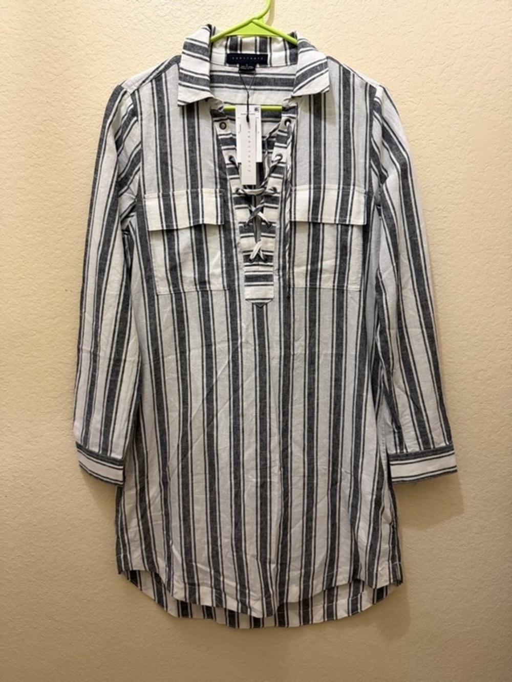 Sanctuary Black and White Striped Lace-Up Collared Tunic